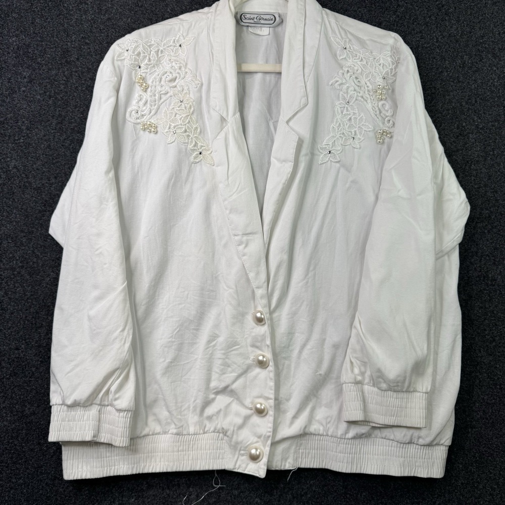Vintage Saint Germain Paris White Embellished Jacket Womens XL Pearl Lace USA